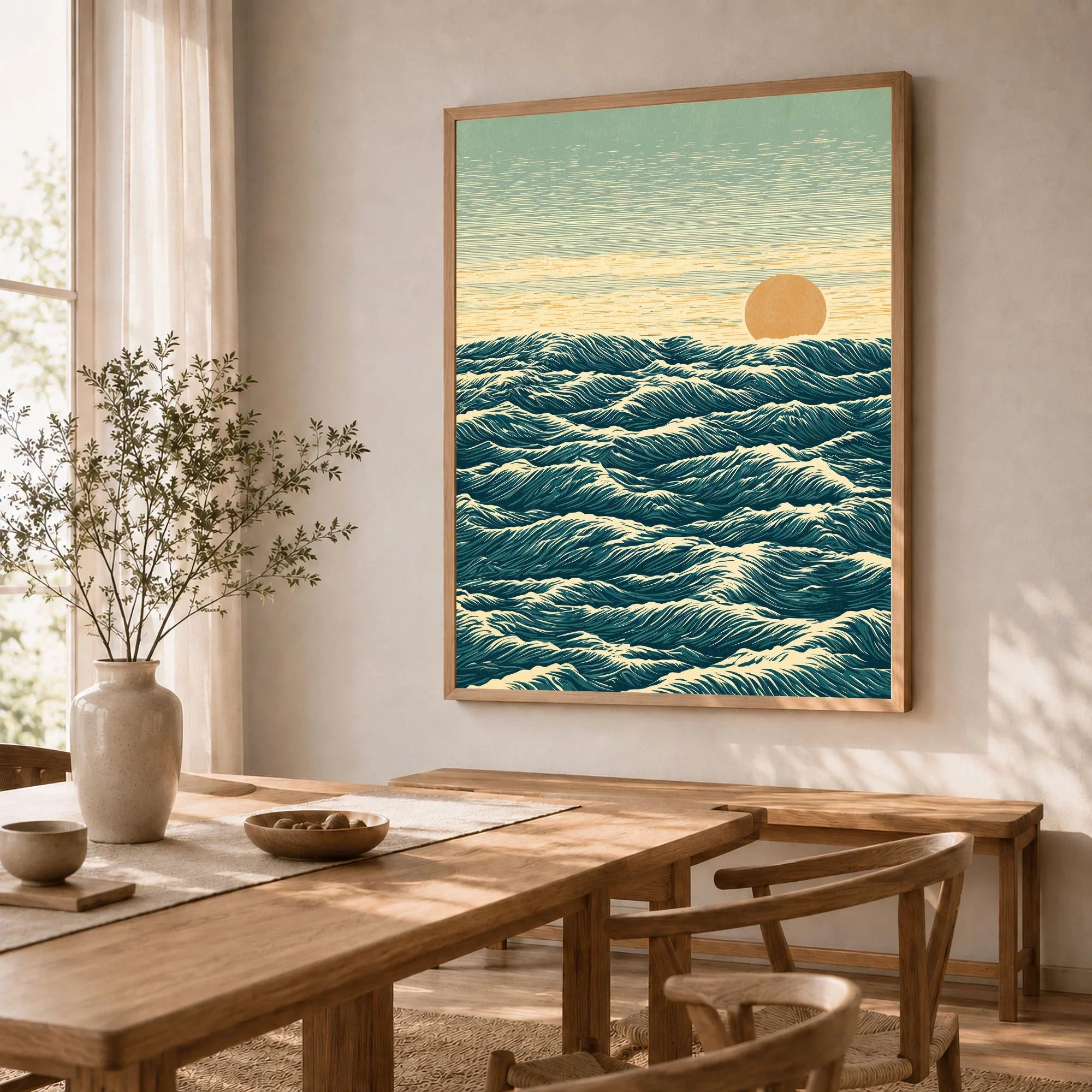 Japanese Ocean Art Print – Vintage Seascape Wall Art — dining room framed print natural wood frame