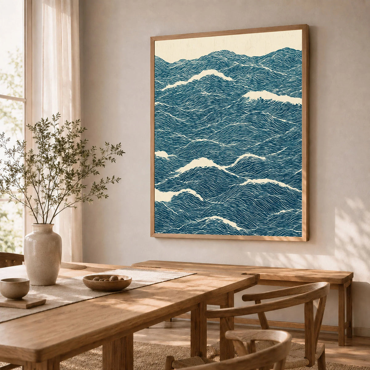 Ocean Waves Art Print – Blue Japanese Seascape Wall Art — dining room framed print natural wood frame