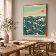 Red Sun Ocean Art Print – Japanese Seascape Wall Art — dining room framed print natural wood frame