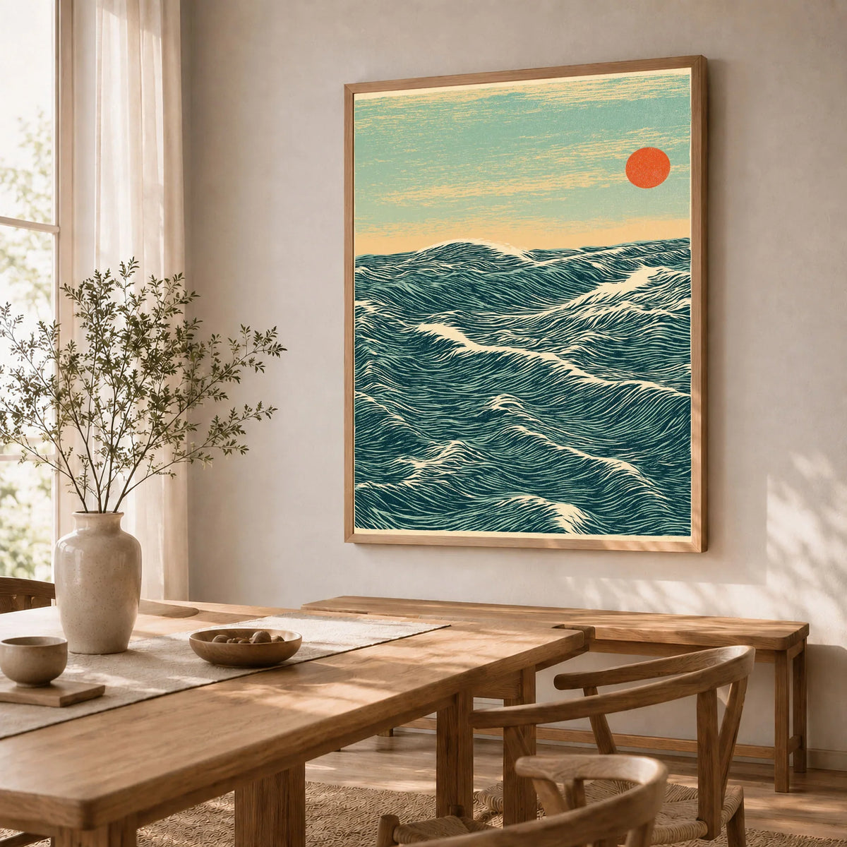 Red Sun Ocean Art Print – Japanese Seascape Wall Art — dining room framed print natural wood frame