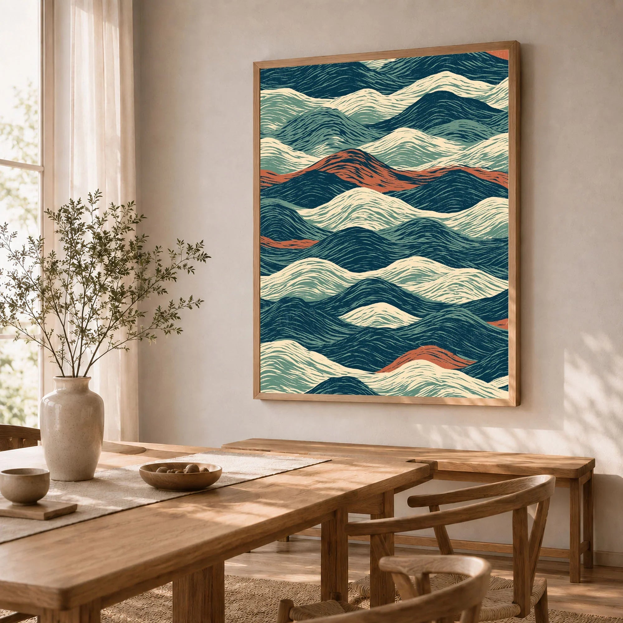 Linocut Style Ocean Art Print – Japanese Wave Pattern Wall Art — dining room framed print natural wood frame