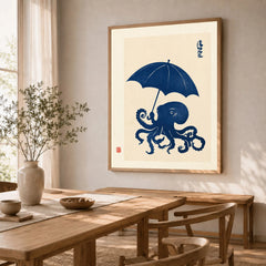 Octopus with Umbrella Art Print – Blue Japanese Wall Art — dining room framed print natural wood frame