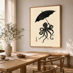 Octopus Umbrella Wall Art – Black Japanese Woodblock Print — dining room framed print natural wood frame