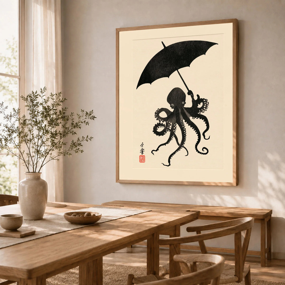 Octopus Umbrella Wall Art – Black Japanese Woodblock Print — dining room framed print natural wood frame