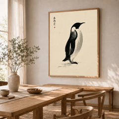 Penguin Art Print – Japanese Ink Wall Art — dining room framed print natural wood frame