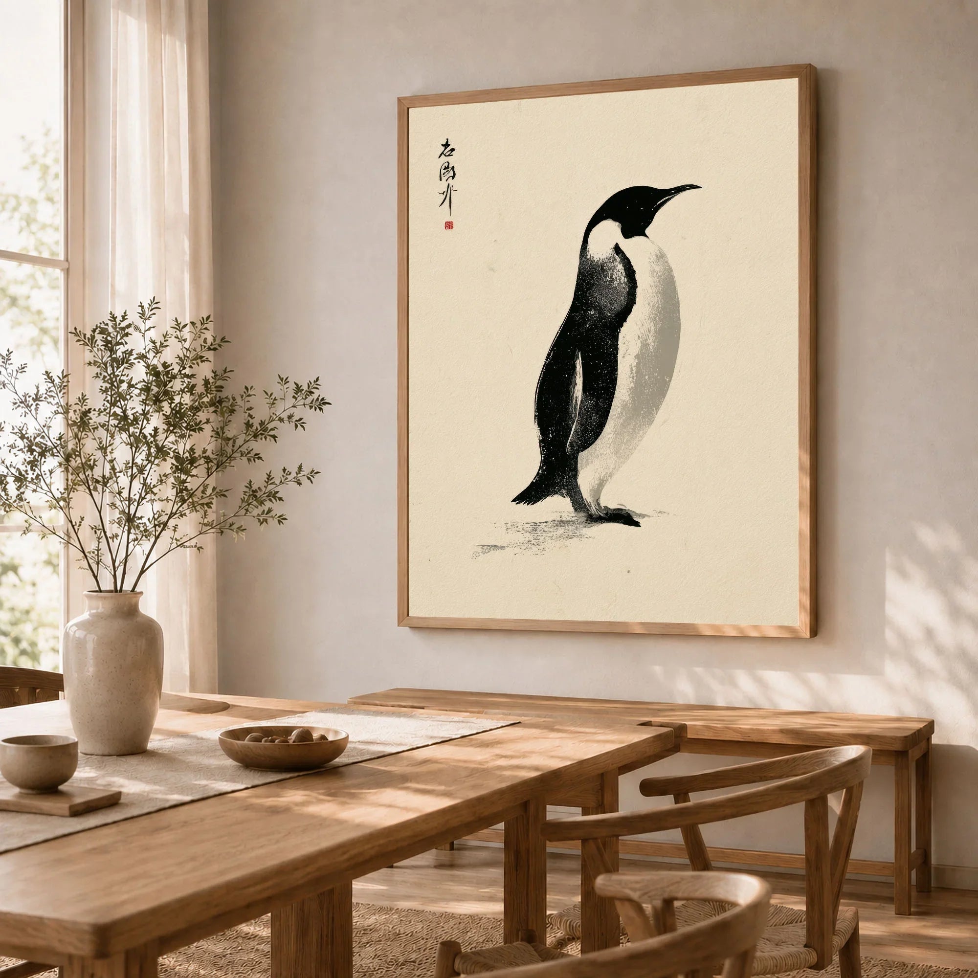 Penguin Art Print – Japanese Ink Wall Art — dining room framed print natural wood frame