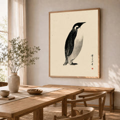Emperor Penguin Wall Art – Vintage Japanese Ink Print — dining room framed print natural wood frame