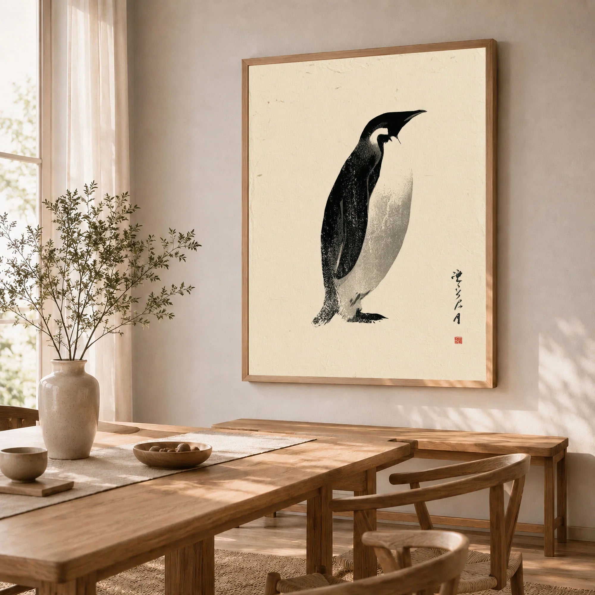 Emperor Penguin Wall Art – Vintage Japanese Ink Print — dining room framed print natural wood frame