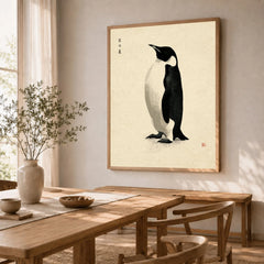 Penguin Wall Art – Minimalist Japanese Ink Art Print — dining room framed print natural wood frame