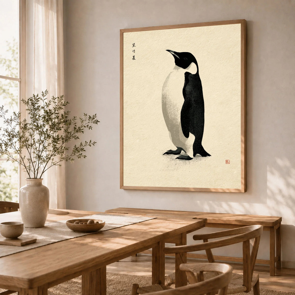 Penguin Wall Art – Minimalist Japanese Ink Art Print — dining room framed print natural wood frame