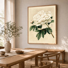 White Peony Art Print – Vintage Japanese Botanical Wall Art — dining room framed print natural wood frame