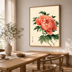 Coral Peony Art Print – Japanese Botanical Wall Art — dining room framed print natural wood frame