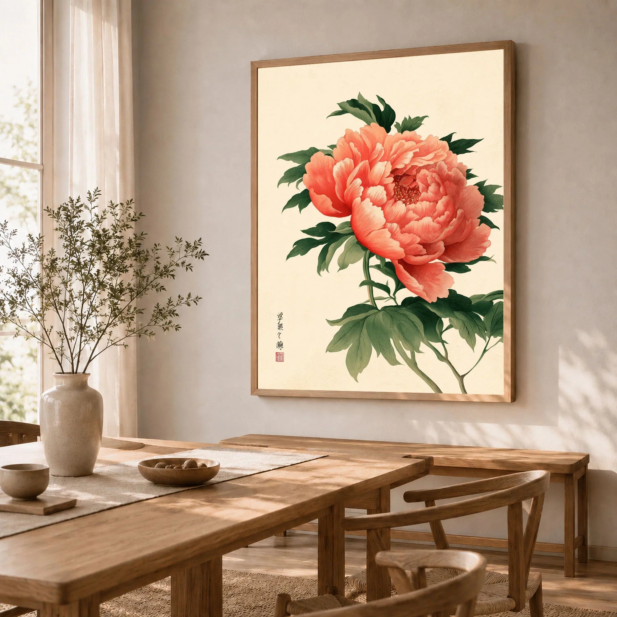 Coral Peony Art Print – Japanese Botanical Wall Art — dining room framed print natural wood frame
