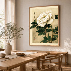 Peony Wall Art – Vintage Japanese Flower Print — dining room framed print natural wood frame