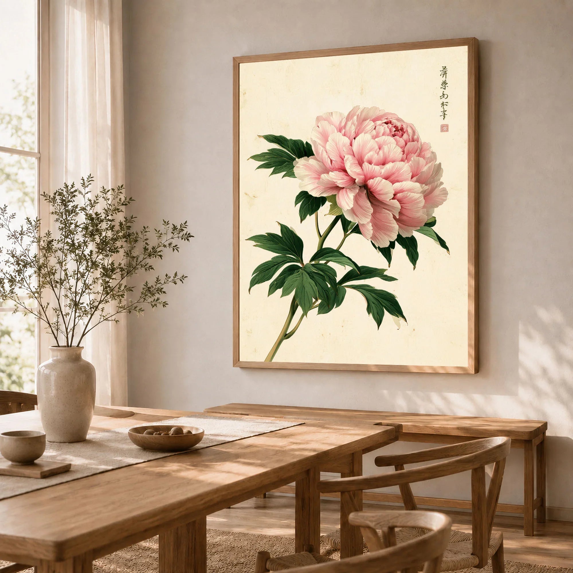 Pink Peony Art Print – Japanese Botanical Wall Art — dining room framed print natural wood frame