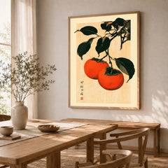 Persimmon Art Print – Japanese Botanical Kitchen Wall Art — dining room framed print natural wood frame