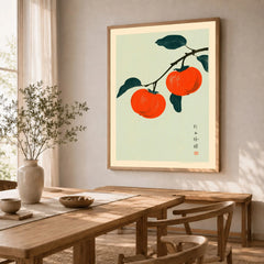 Persimmon Wall Art – Vintage Japanese Fruit Print — dining room framed print natural wood frame