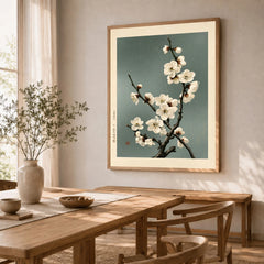White Plum Blossom Art Print – Japanese Botanical Wall Art — dining room framed print natural wood frame