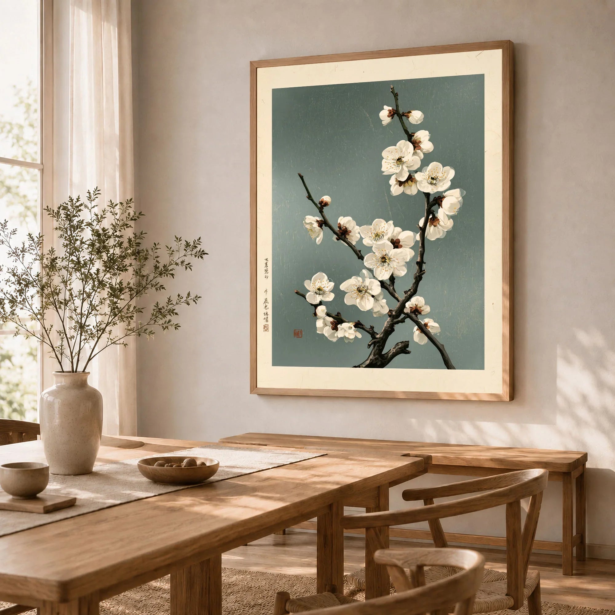 White Plum Blossom Art Print – Japanese Botanical Wall Art — dining room framed print natural wood frame
