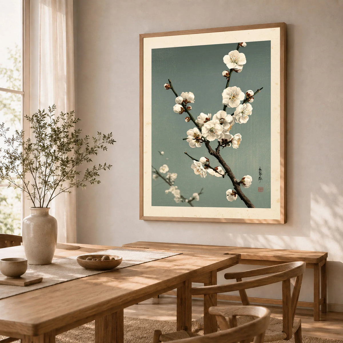 Plum Blossom Wall Art – Vintage Japanese Botanical Print — dining room framed print natural wood frame