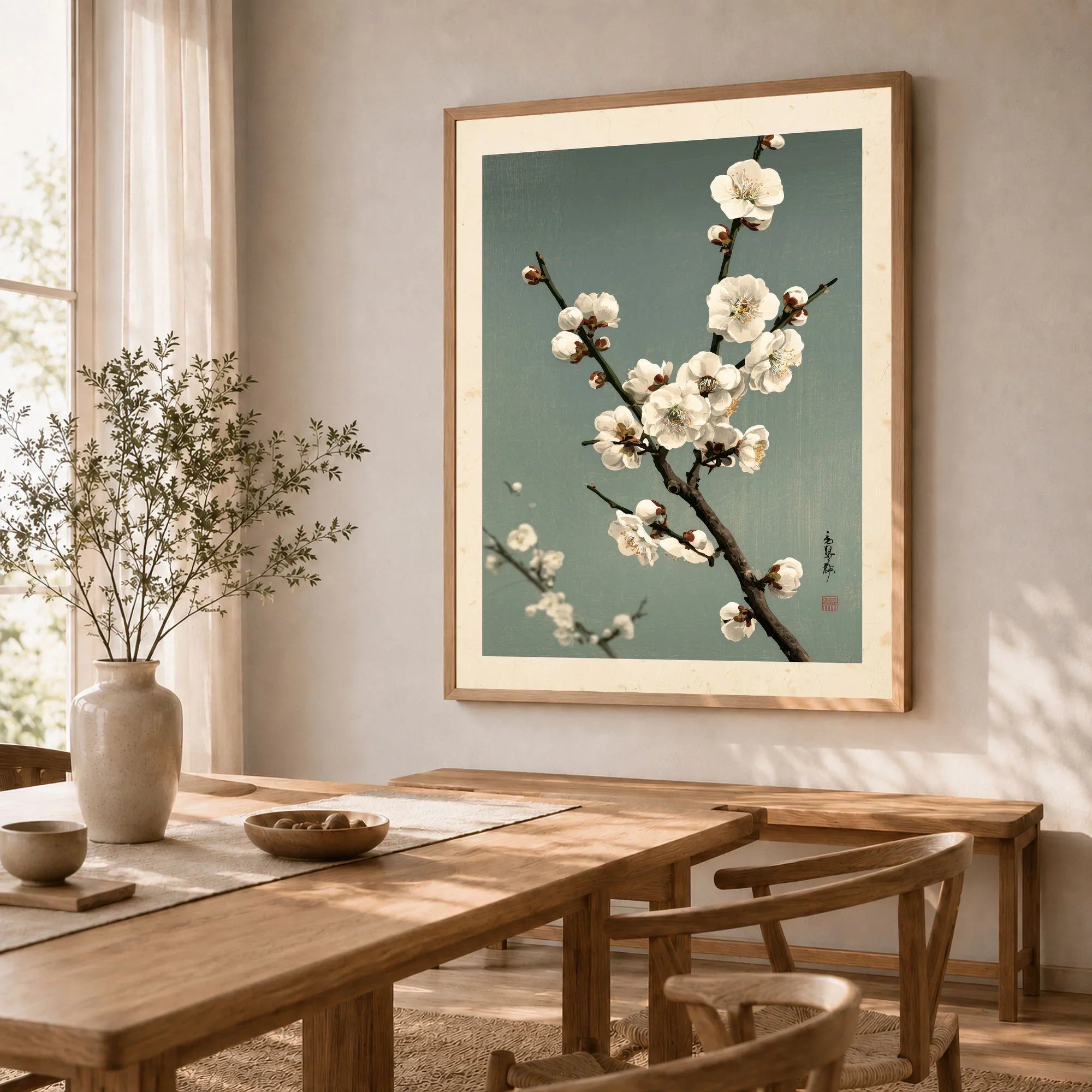 Plum Blossom Wall Art – Vintage Japanese Botanical Print — dining room framed print natural wood frame