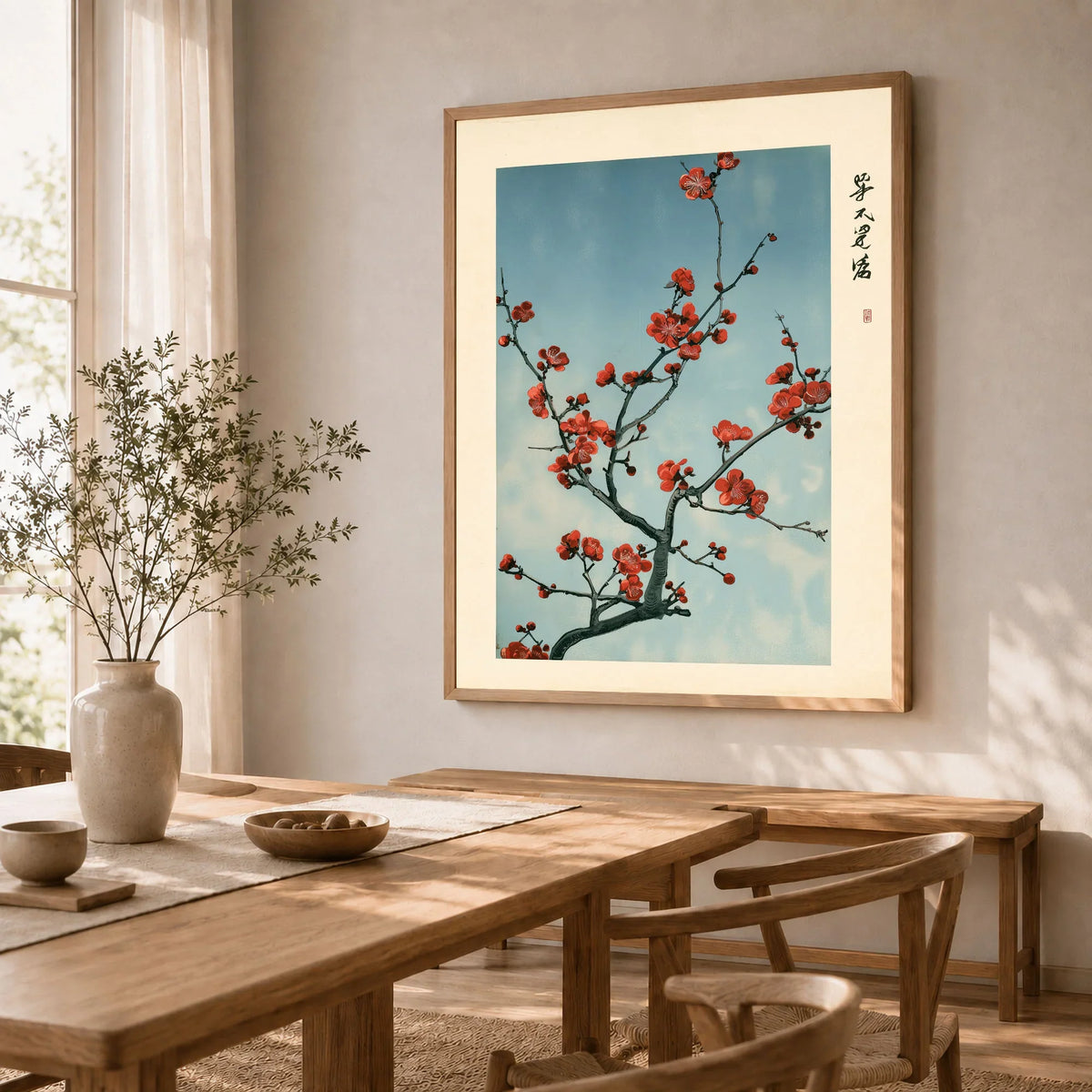 Red Plum Blossom Art Print – Blue Japanese Wall Art — dining room framed print natural wood frame