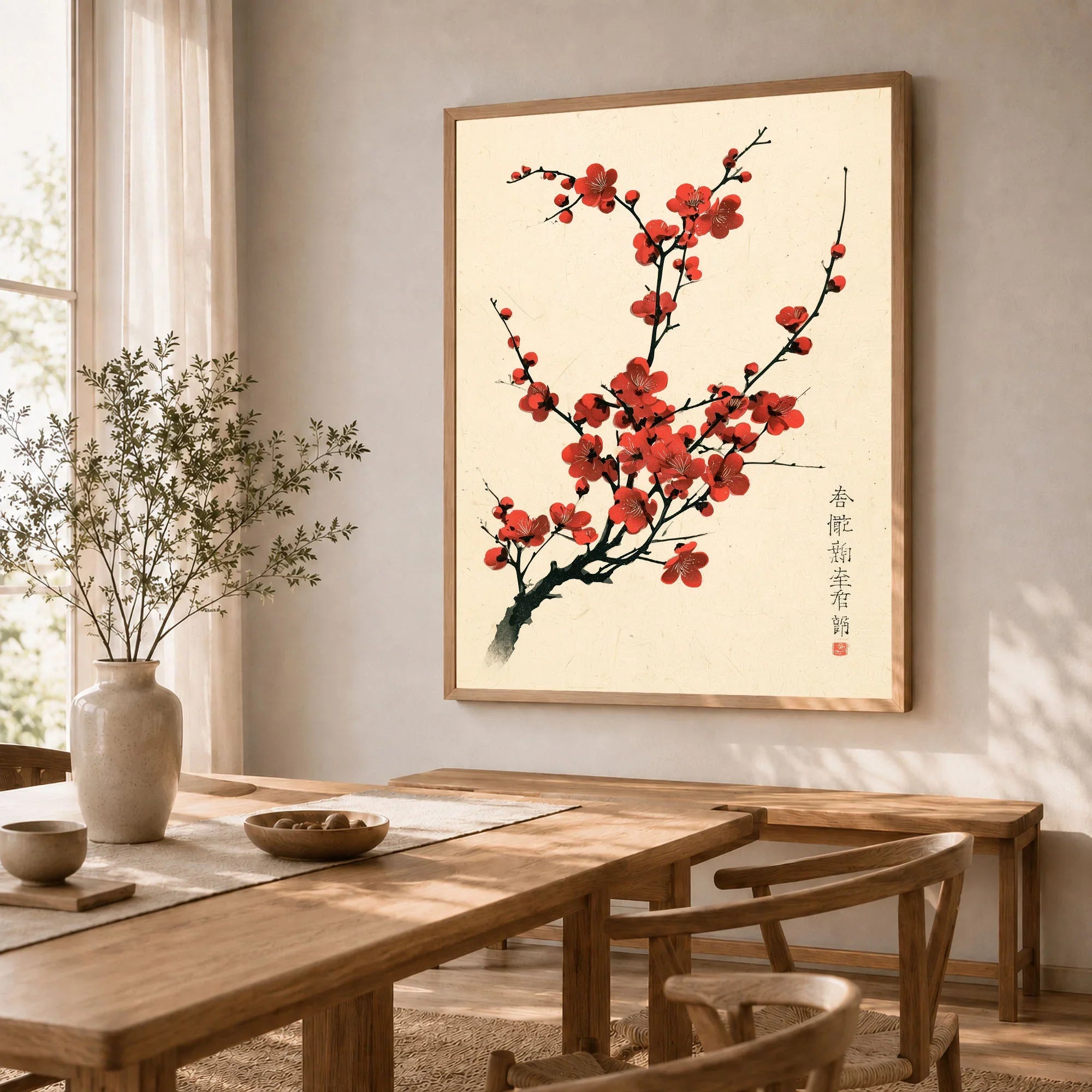 Red Blossom Art Print – Vintage Japanese Plum Wall Art — dining room framed print natural wood frame