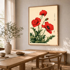 Red Poppy Art Print – Japanese Botanical Wall Art — dining room framed print natural wood frame