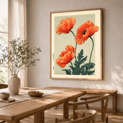 Orange Poppy Art Print – Vintage Japanese Floral Wall Art — dining room framed print natural wood frame