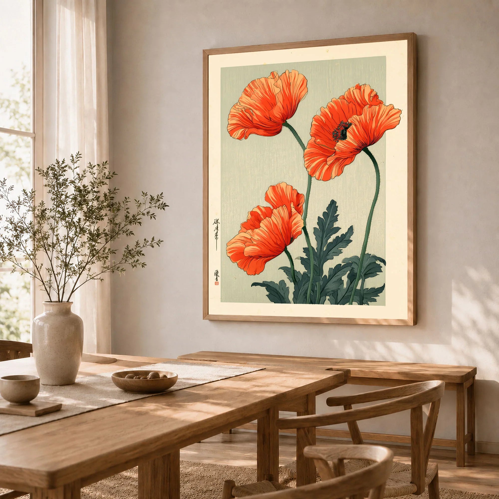 Orange Poppy Art Print – Vintage Japanese Floral Wall Art — dining room framed print natural wood frame