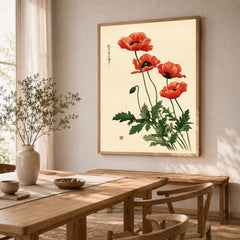 Poppy Wall Art – Vintage Japanese Botanical Print — dining room framed print natural wood frame