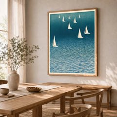 Sailing Boats Art Print – Blue Japanese Coastal Wall Art — dining room framed print natural wood frame