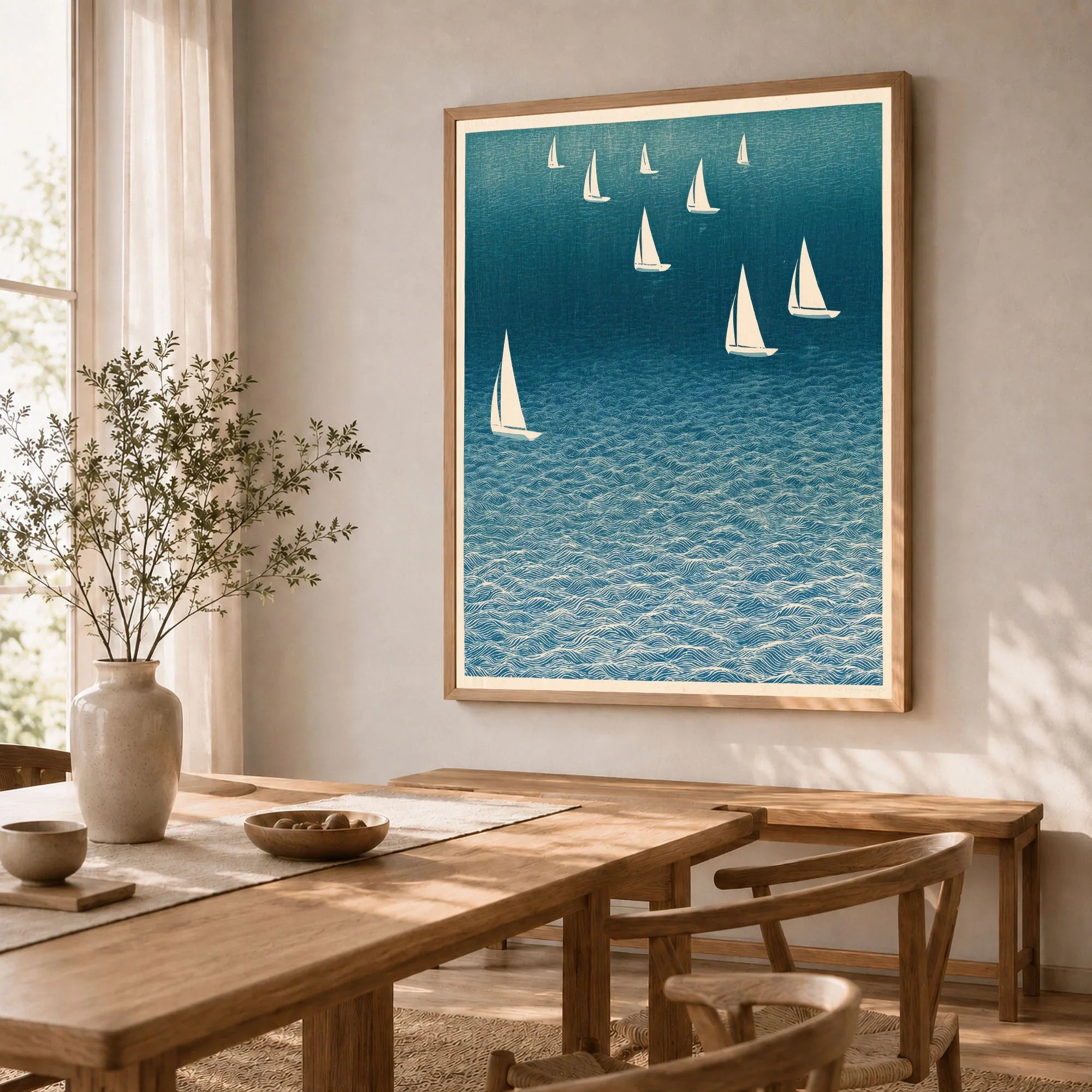 Sailing Boats Art Print – Blue Japanese Coastal Wall Art — dining room framed print natural wood frame