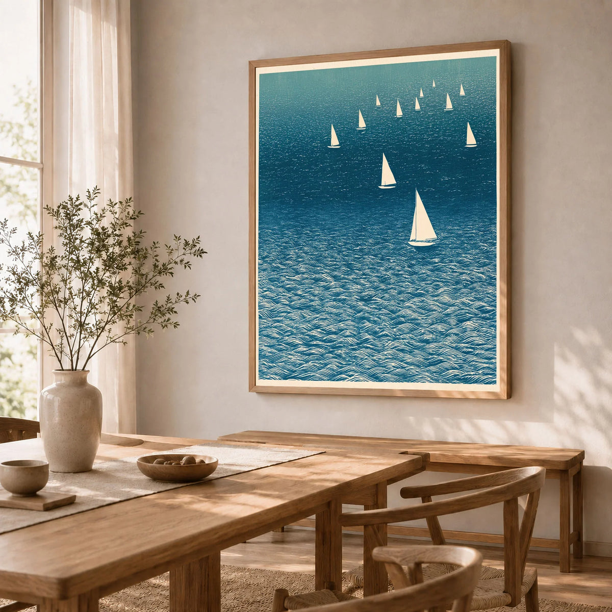 Sailboat Wall Art – Japanese Blue Ocean Print — dining room framed print natural wood frame