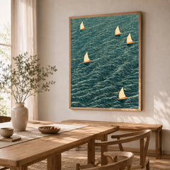 Sailing Boats Wall Art – Vintage Japanese Coastal Print — dining room framed print natural wood frame