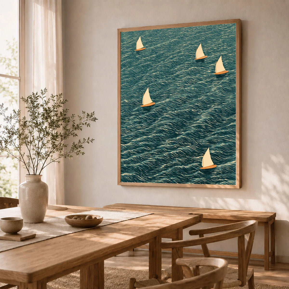 Sailing Boats Wall Art – Vintage Japanese Coastal Print — dining room framed print natural wood frame