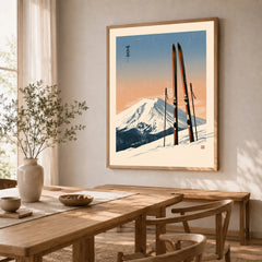 Vintage Ski Poster – Mount Fuji Japanese Alpine Wall Art — dining room framed print natural wood frame