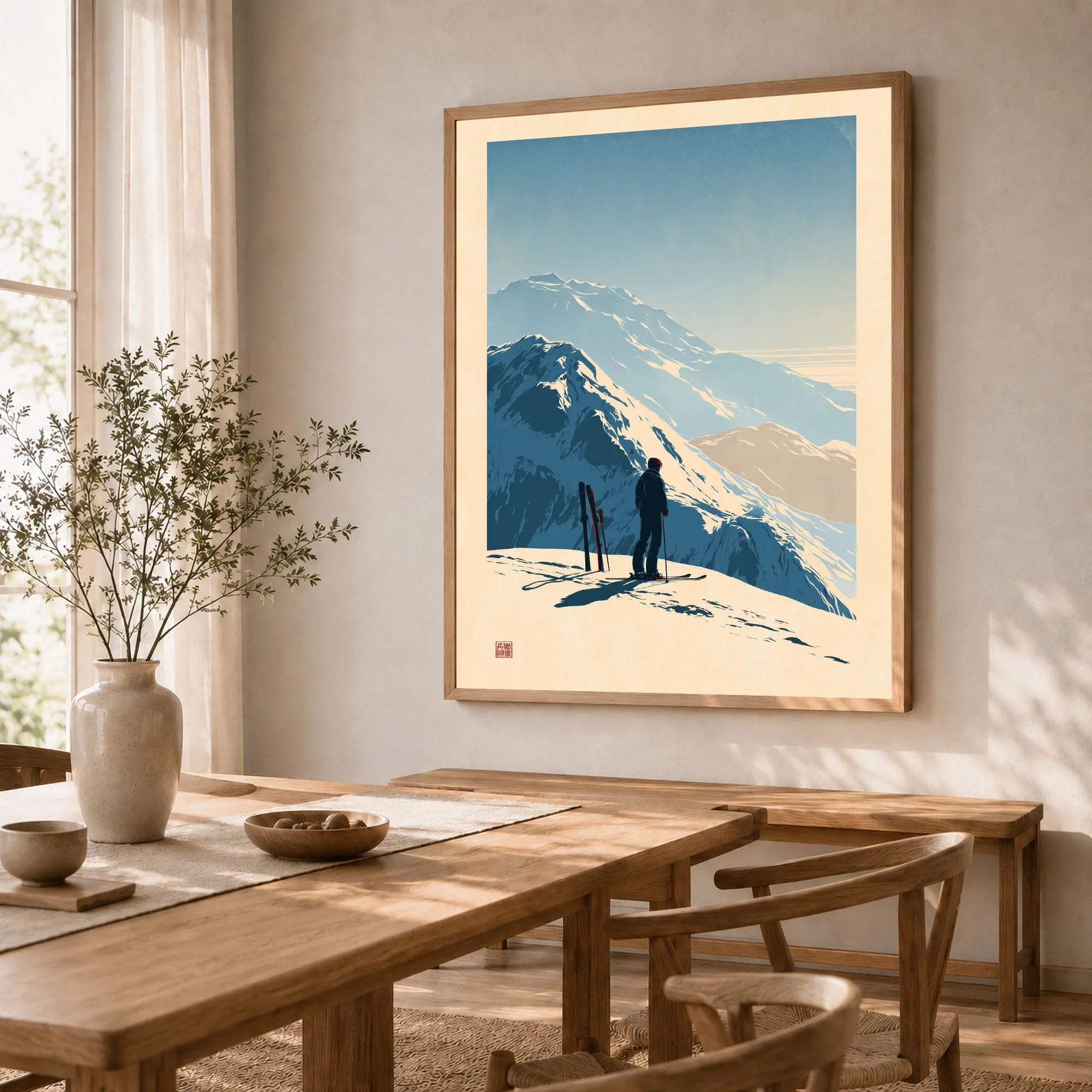 Ski Touring Art Print – Vintage Alpine Poster Wall Art — dining room framed print natural wood frame
