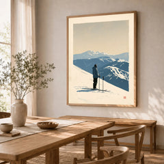 Ski Poster – Vintage Mountain Skier Wall Art — dining room framed print natural wood frame