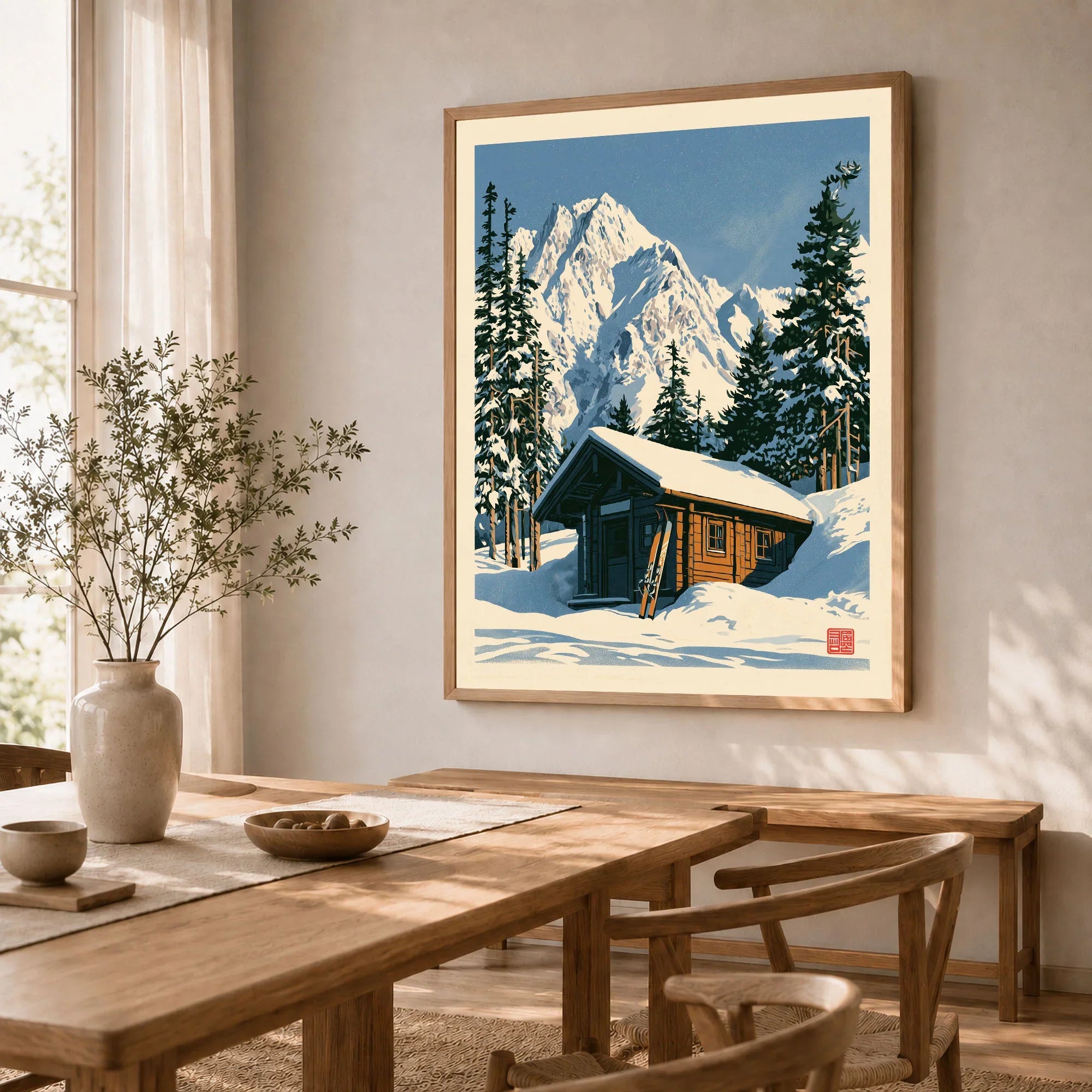 Ski Cabin Art Print – Vintage Alpine Chalet Wall Art — dining room framed print natural wood frame