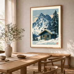Ski Hut Poster – Vintage Alpine Cabin Wall Art — dining room framed print natural wood frame