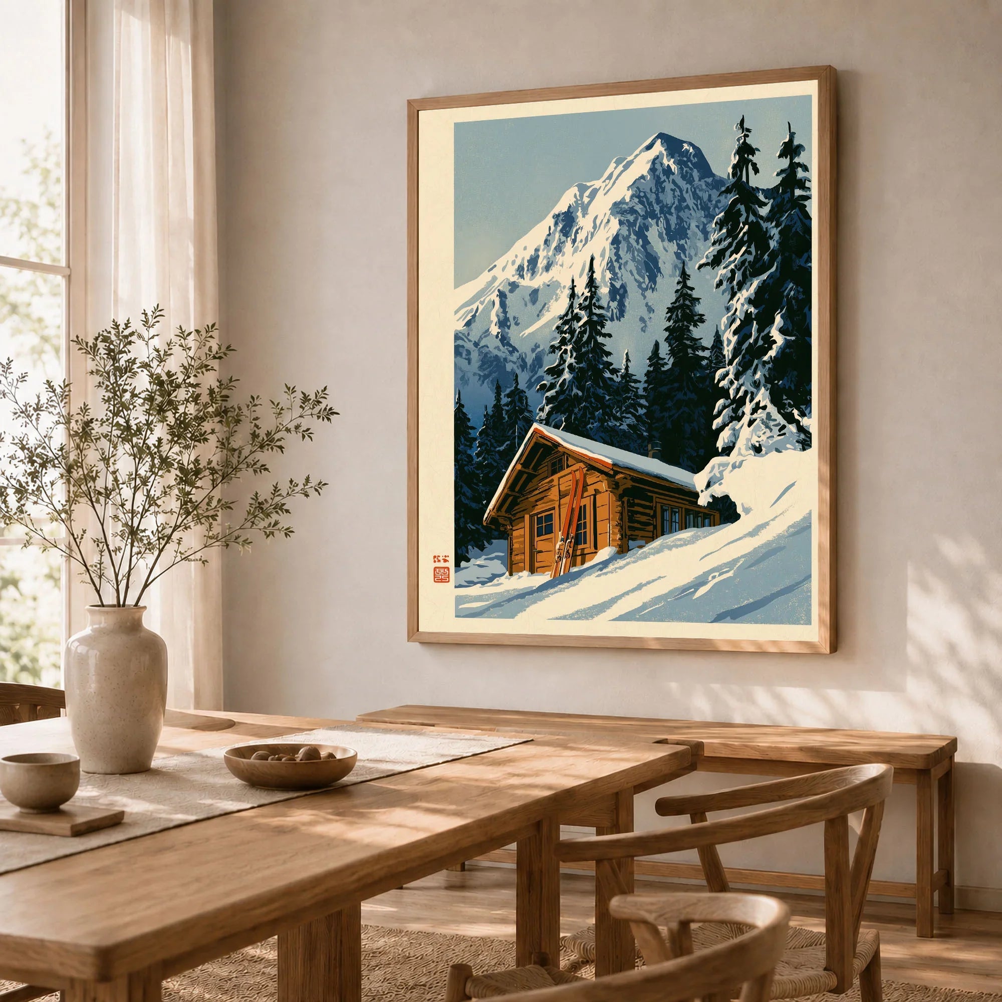 Log Cabin Ski Print – Vintage Alpine Lodge Wall Art — dining room framed print natural wood frame