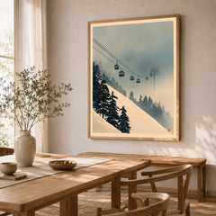 Misty Ski Lift Art Print – Vintage Alpine Gondola Wall Art — dining room framed print natural wood frame
