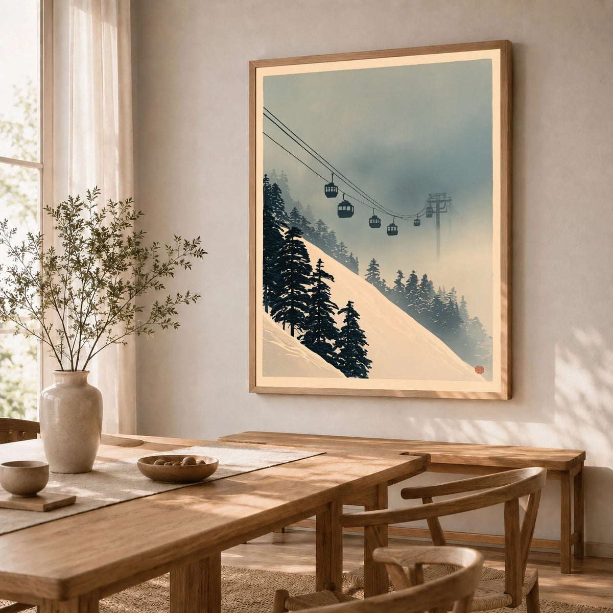 Misty Ski Lift Art Print – Vintage Alpine Gondola Wall Art — dining room framed print natural wood frame