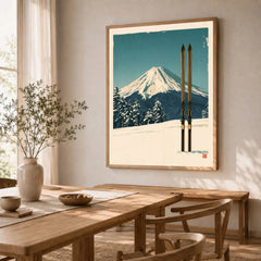 Mount Fuji Ski Poster – Vintage Japanese Alpine Print — dining room framed print natural wood frame