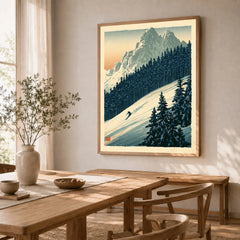 Alpine Ski Poster – Vintage Mountain Forest Wall Art — dining room framed print natural wood frame