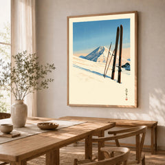 Vintage Ski Print – Japanese Woodblock Mountain Wall Art — dining room framed print natural wood frame
