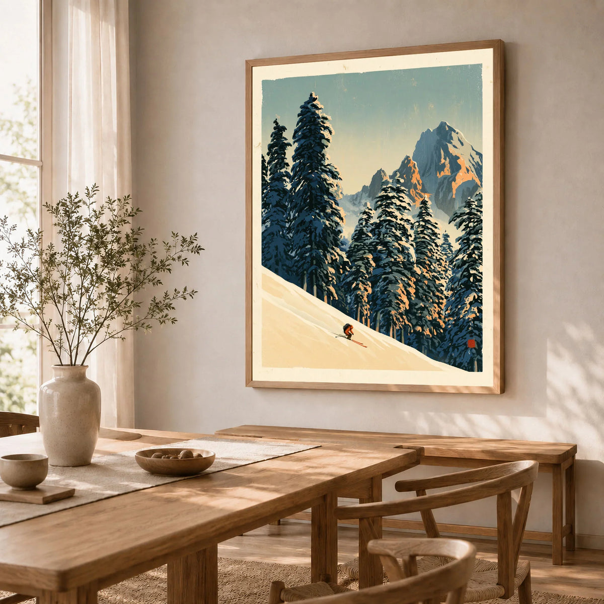 Ski Run Art Print – Vintage Alpine Forest Wall Art — dining room framed print natural wood frame