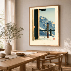 Chalet Ski Poster – Vintage Alpine Balcony Wall Art — dining room framed print natural wood frame