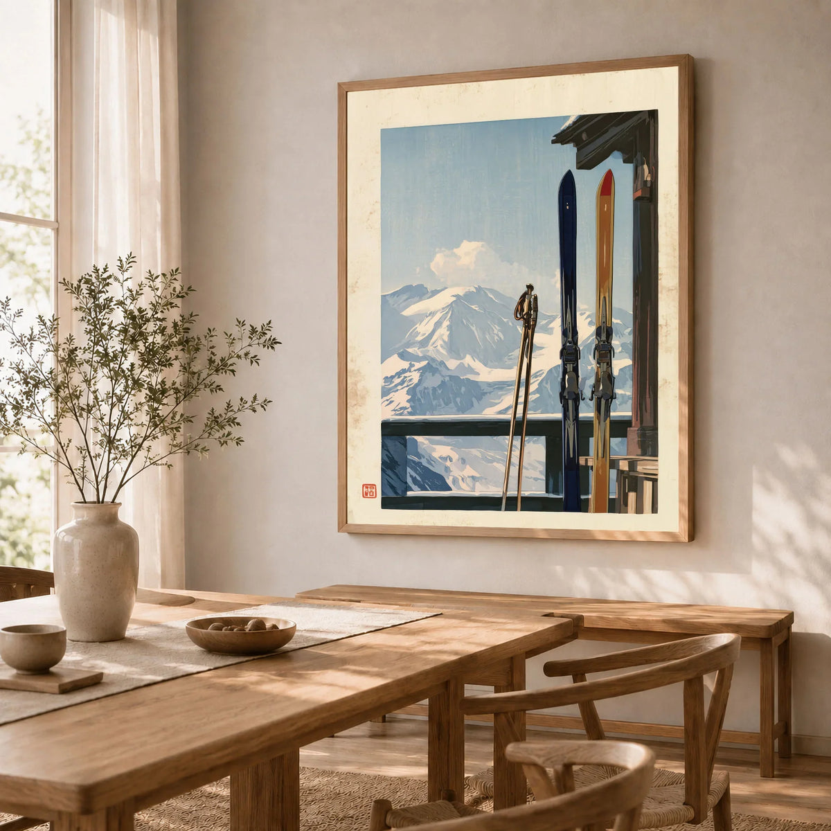 Vintage Skis Art Print – Alpine Chalet Balcony Wall Art — dining room framed print natural wood frame